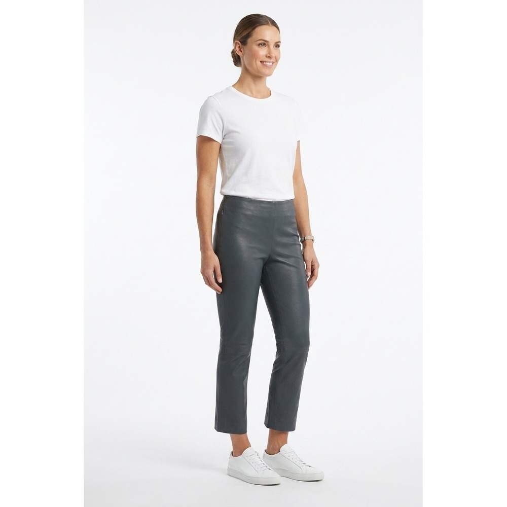 VINCE Stretch Leather Pull on Pants Womens Small Gray Straight Crop Mid Rise NEW